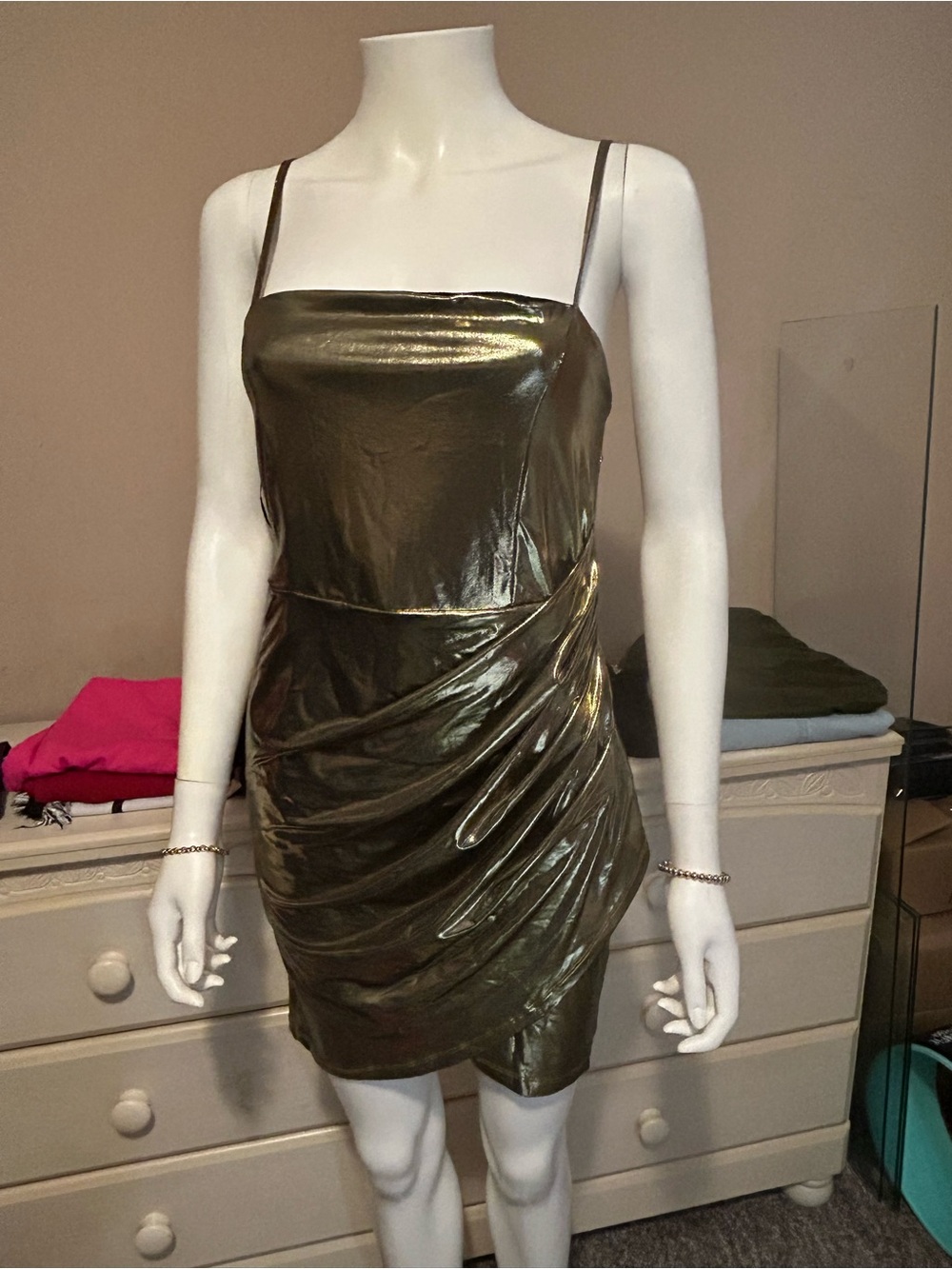 refuge Metallic Olive Slip Mini Dress